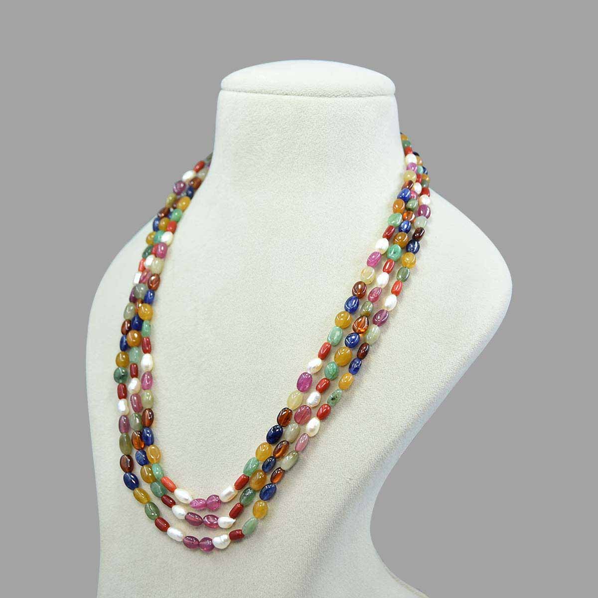 169-navratan-3line-mala-2 Natural Navratana Beads Necklace Mala (3 Line Multi Mix Colors) - Image 1