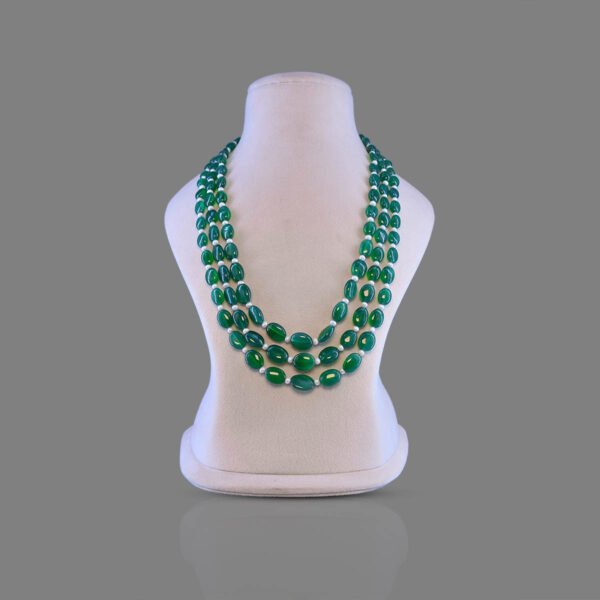 Natural Pearl & Onyx Beads Necklace Mala ( 3 Line White & Green Colour)