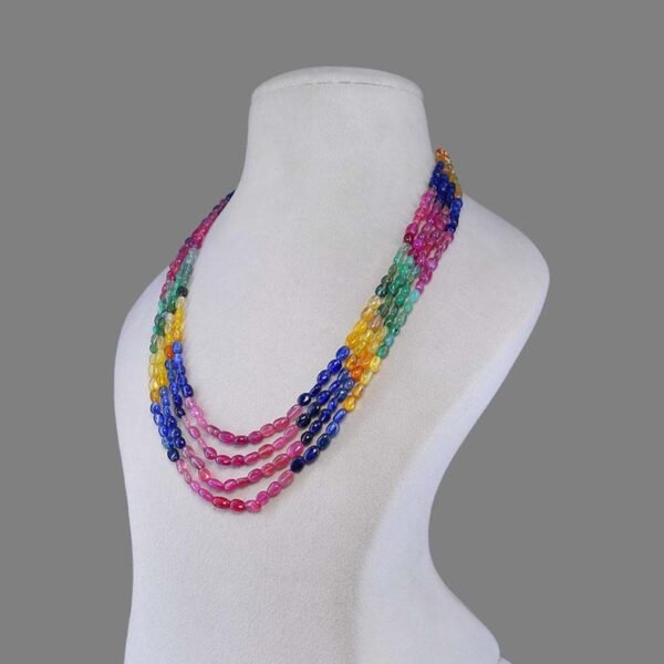 Natural Emerald, Blue & Yellow Sapphire, Ruby 4 Line Beads Necklace Mala