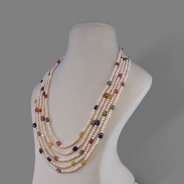 Natural Navratana & Pearl Beads Necklace Mala ( 5 Line White & Mixed Colour)