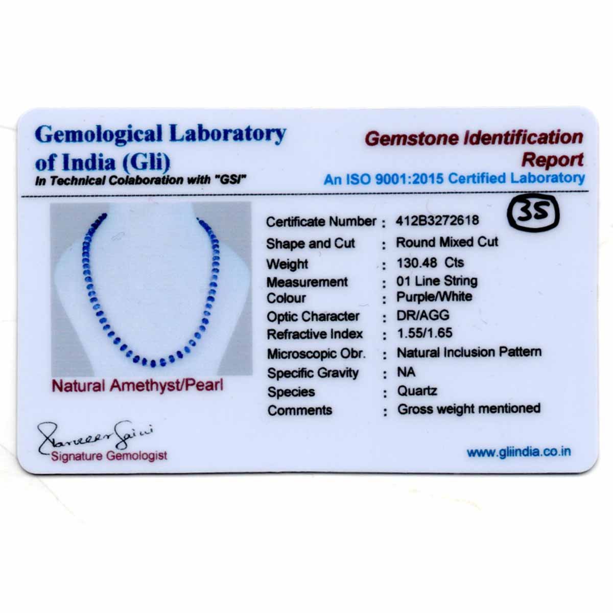 RGW-Gemstones-mala-0125-Amythyst,pearl Certificate -35 Natural Amethyst and Pearl Beads Mala ( Single Line Purple White ) - Image 3