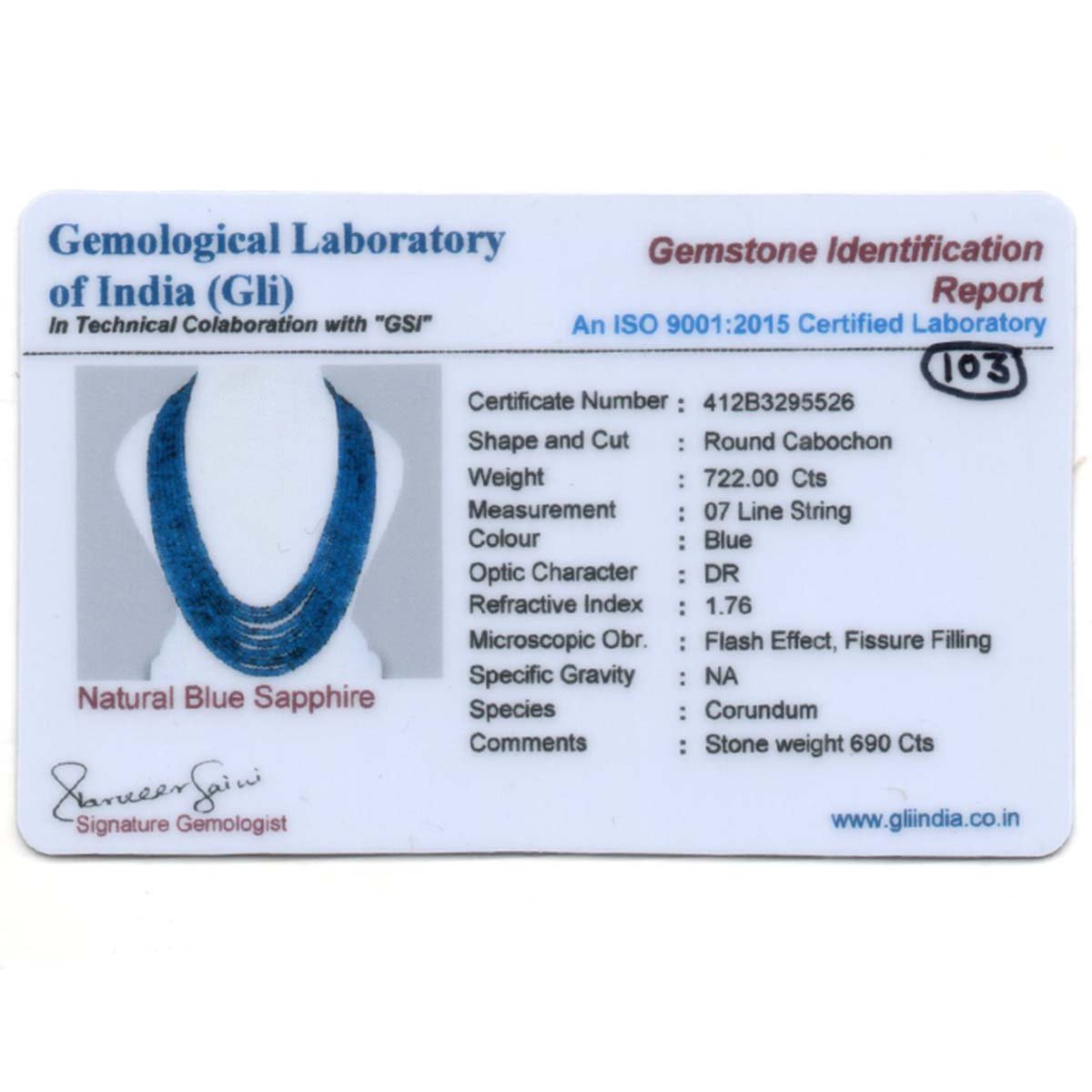 RGW-Gemstones-mala-0125-Blue Sapphire Certificate-103 Natural Blue Sapphire Plain Beads Necklace ( 7 Lines Blue ) - Image 3