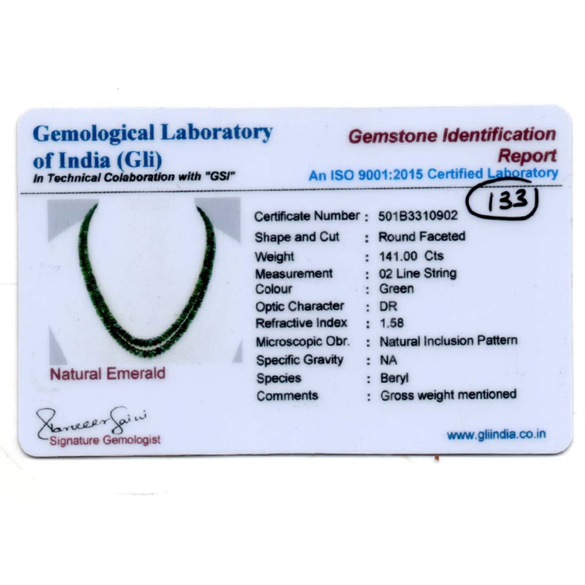 RGW-Gemstones-mala-0125-Emerald-133 Certificate Certified Emeralds Cut Beads Necklace Mala ( Double Lines Green ) - Image 3