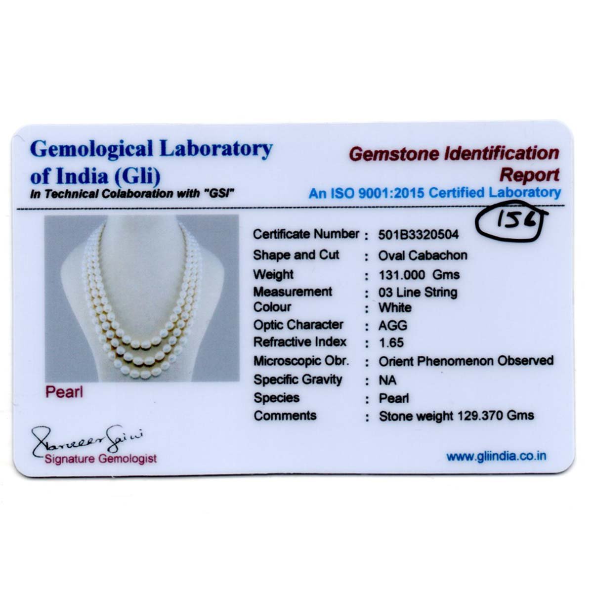RGW-Gemstones-mala-0125-Pearl-156 Certificate Pearl Oval Graduation Beads Necklace ( 3 Lines White ) - Image 3