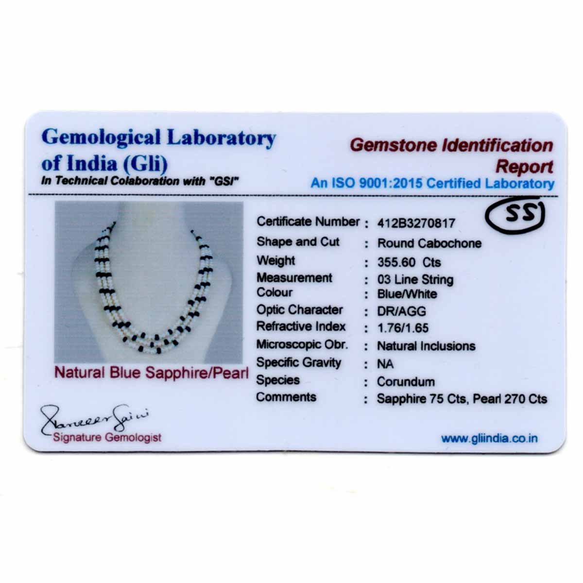 RGW-Gemstones-mala-0125-Pearl & Blue sapphire Certificate -55 Pearl and Blue Sapphire Gemstone Necklace ( 3 lines White Blue ) - Image 3