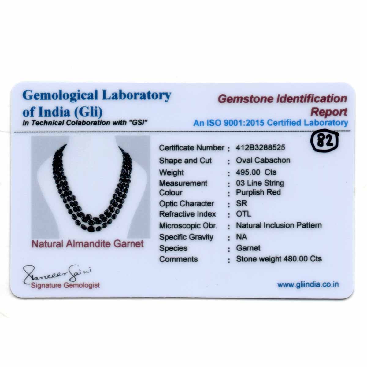 RGW-Gemstones-mala-0125-Red Garnet Certificate -82 Red Garnet Oval Beads Mala Necklace ( 3 Lines Red ) - Image 3