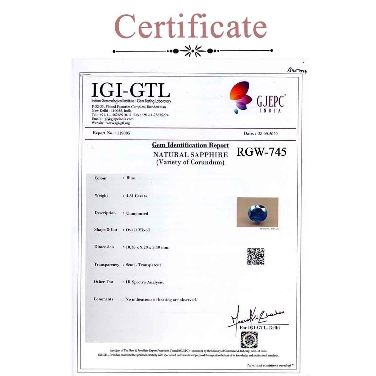 Rgw-n-745-3 Certificate 4.81 Carats Blue Sapphire ( 5.34 Ratti Neelam ) - Image 3