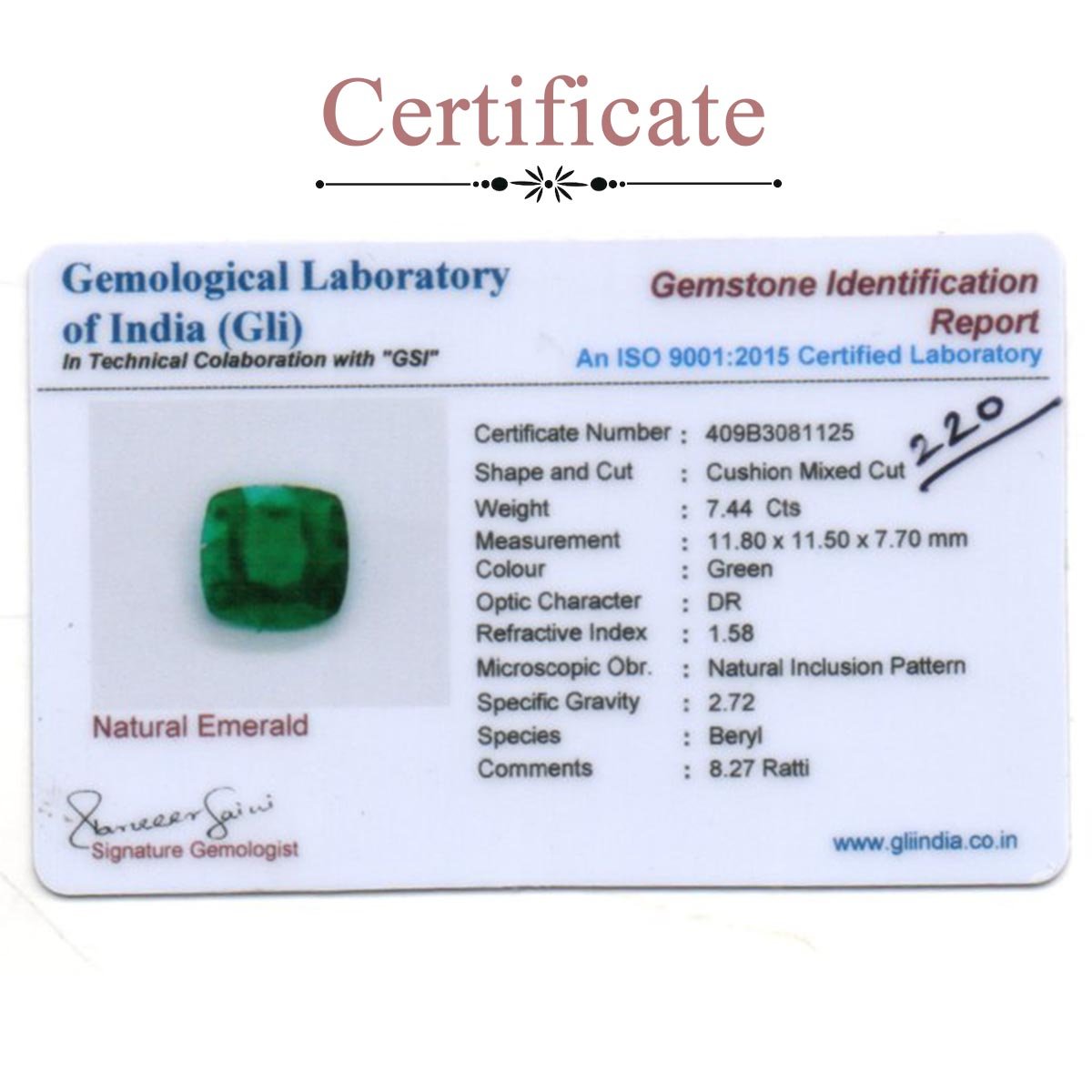 d0825-rg-em-220-3-certificate 7.44 Carats Emerald ( 8.27 Ratti Panna ) - Image 3