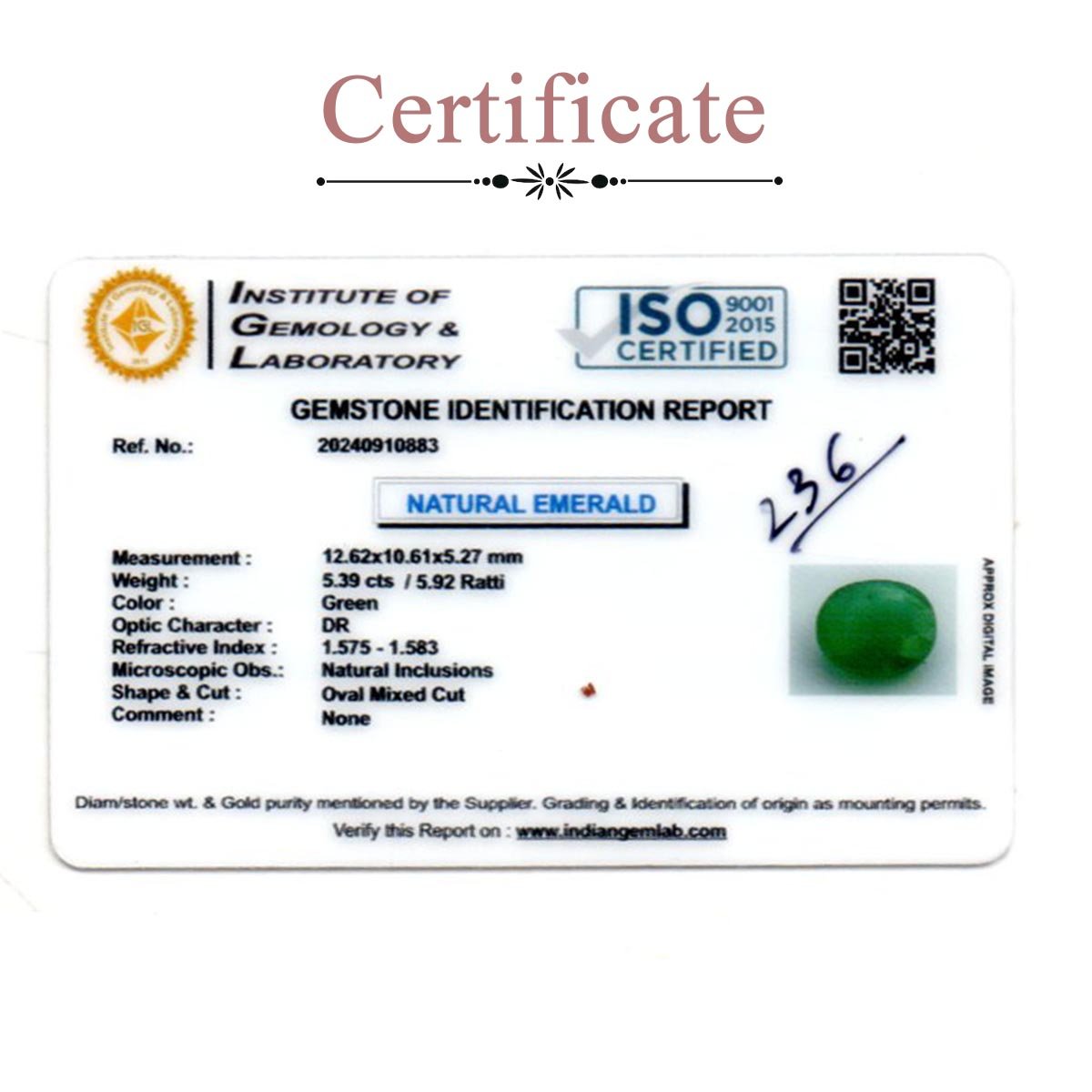 d0825-rg-em-236-3-certificate 5.39 Carats Emerald ( 5.92 Ratti Panna ) - Image 3