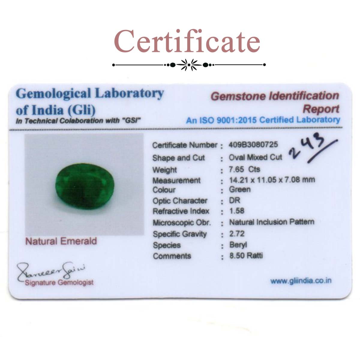 d0825-rg-em-243-3-certificate 7.65 Carats Emerald ( 8.5 Ratti Panna ) - Image 3