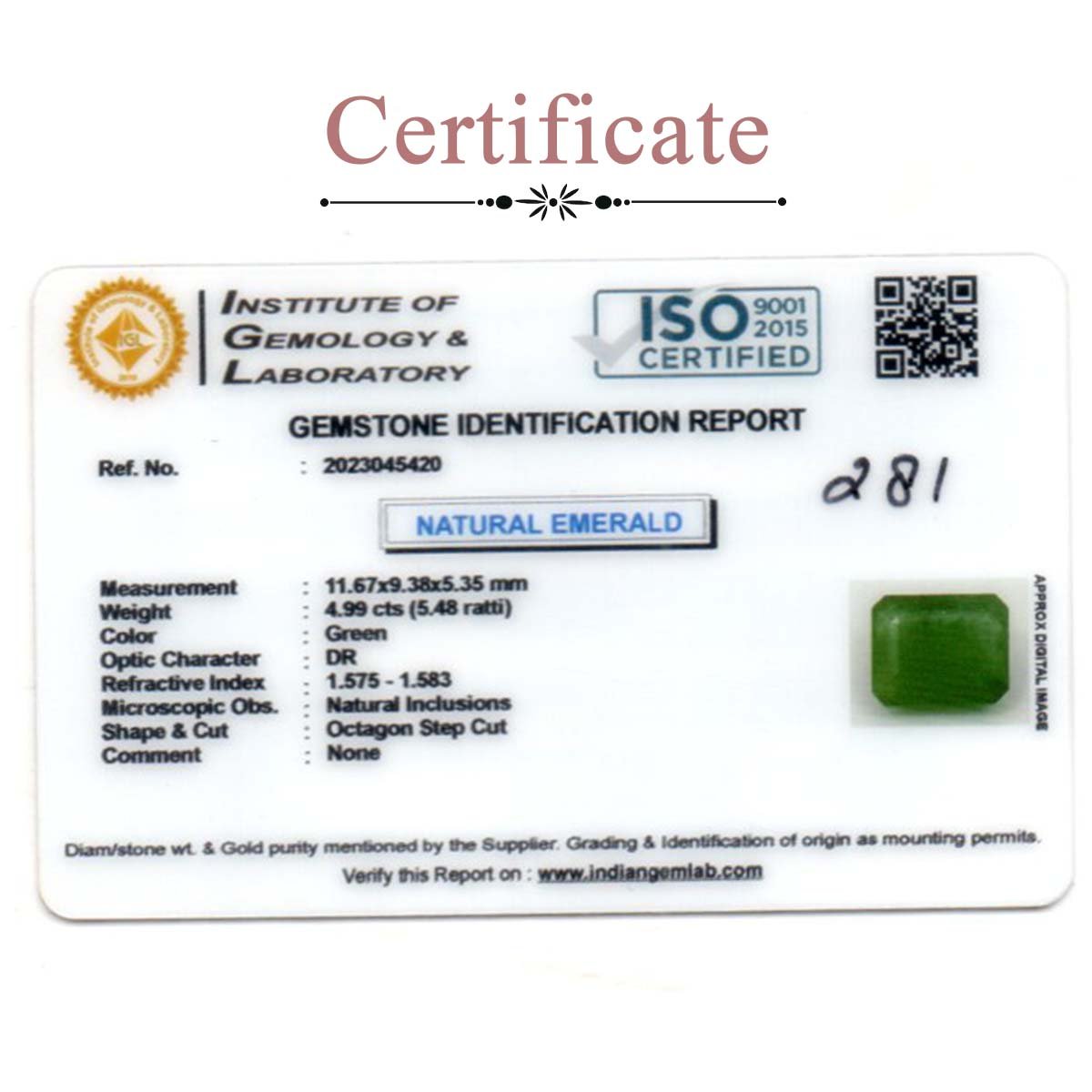 d0825-rg-em-281-3-certificate 4.99 Carats Emerald ( 5.48 Ratti Panna ) - Image 3