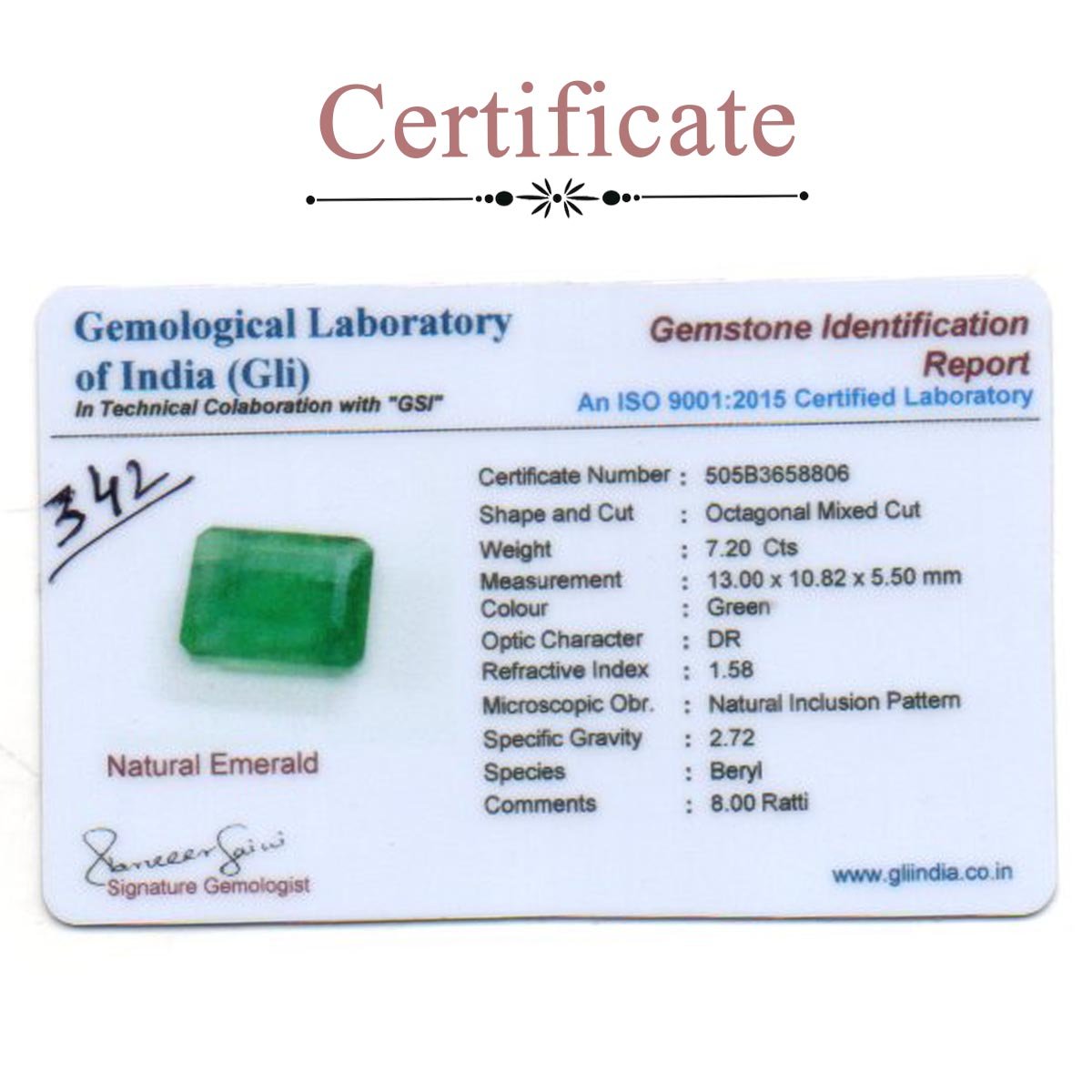 d0825-rg-em-342-3- Certificate 7.2 Carats Emerald ( 8 Ratti Panna ) - Image 3