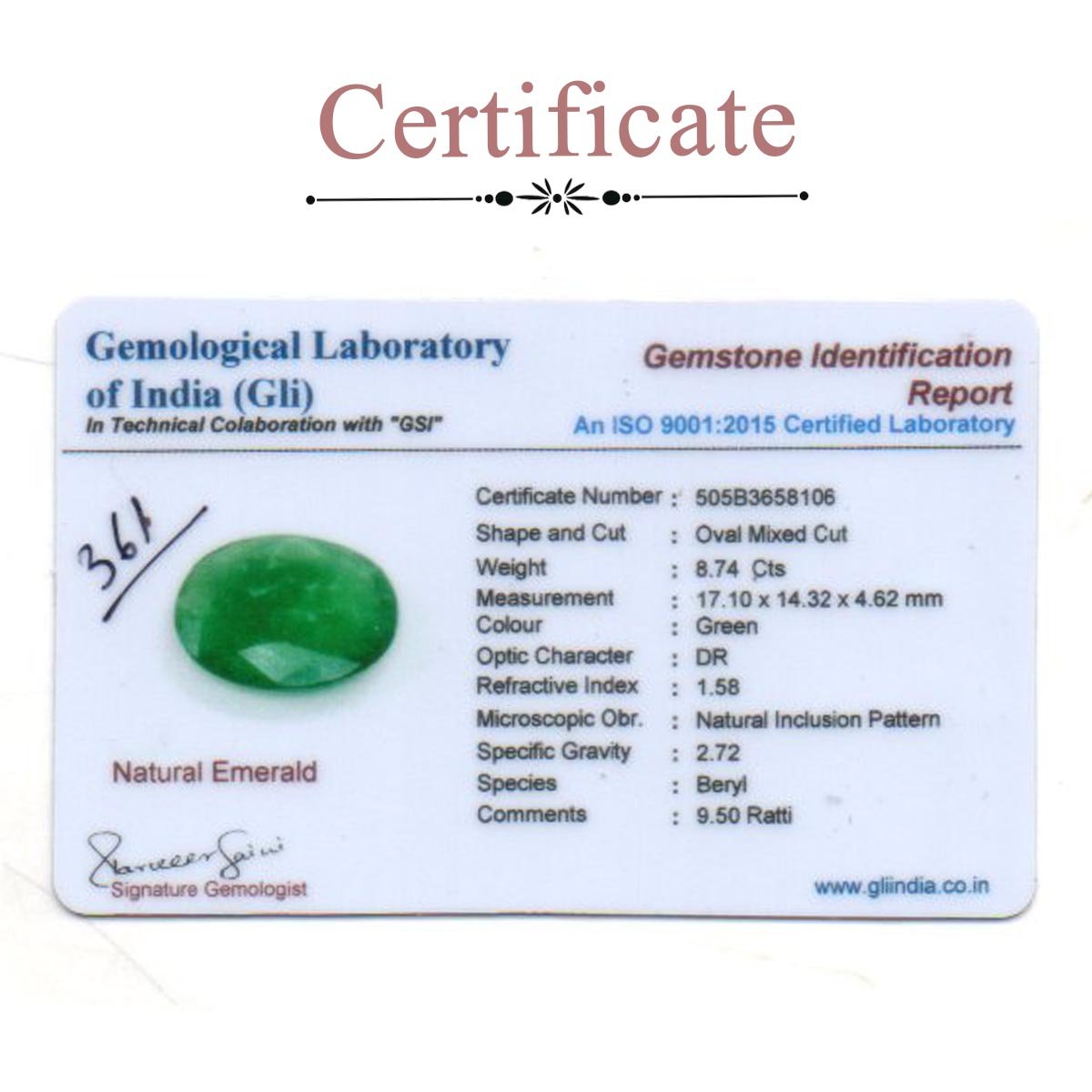 d0825-rg-em-361-3-certificate 8.74 Carats Emerald ( 9.71 Ratti Panna ) - Image 3