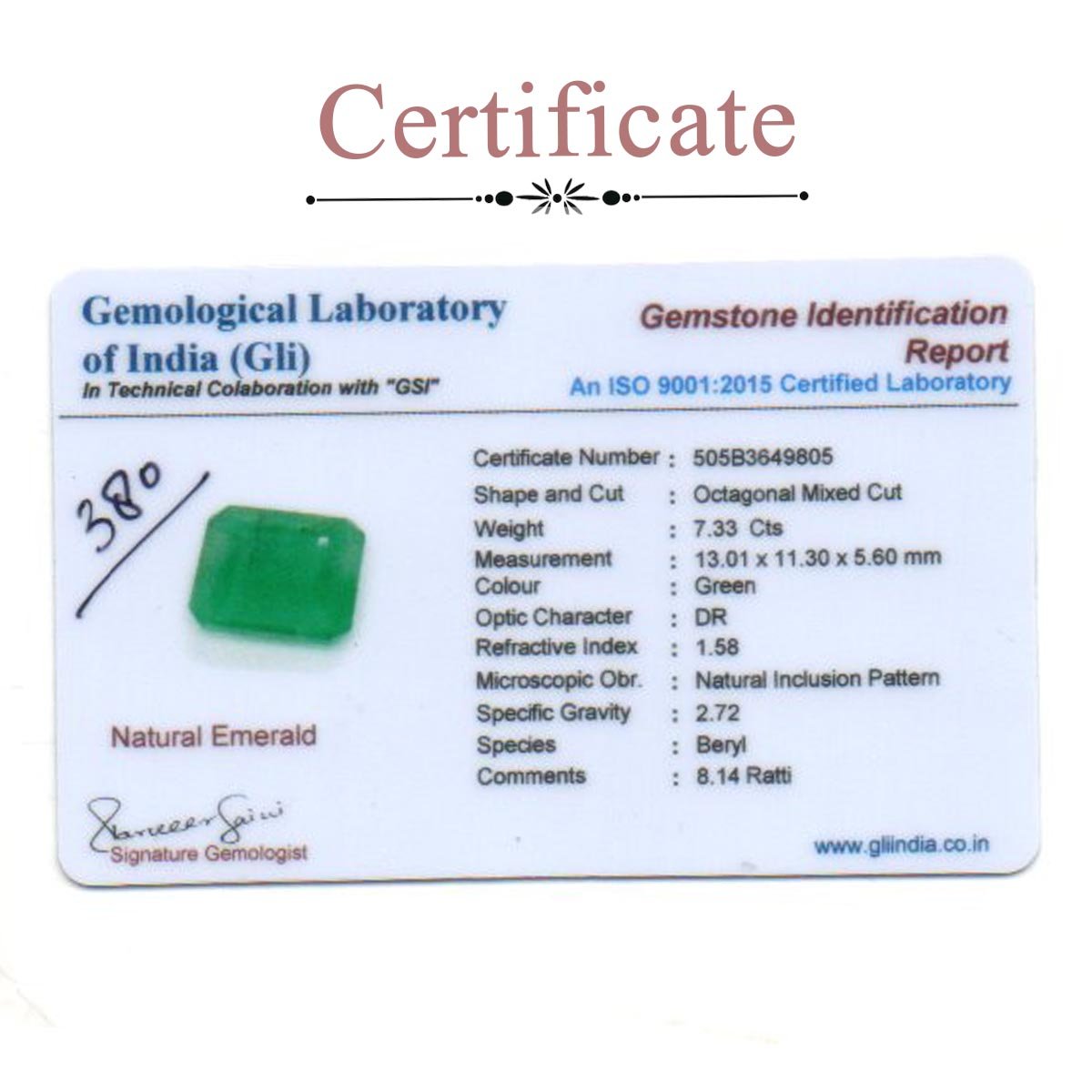 d0825-rg-em-380-3-certificate 7.33 Carats Emerald ( 8.14 Ratti Panna ) - Image 3