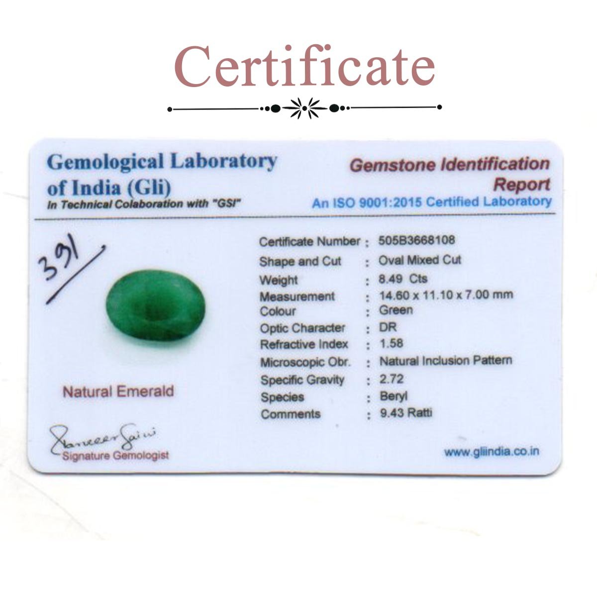 d0825-rg-em-391-3-certificate 8.49 Carats Emerald ( 9.43 Ratti Panna ) - Image 3