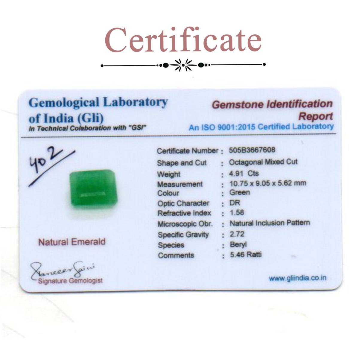 d0825-rg-em-402-3-certificate 4.91 Carats Emerald ( 5.46 Ratti Panna ) - Image 3
