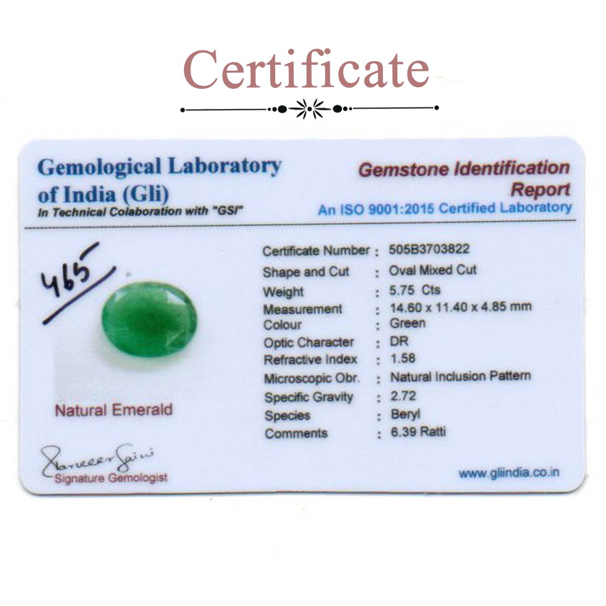d0825-rg-em-465-3-certificate 5.75 Carats Emerald ( 6.39 Ratti Panna ) - Image 3