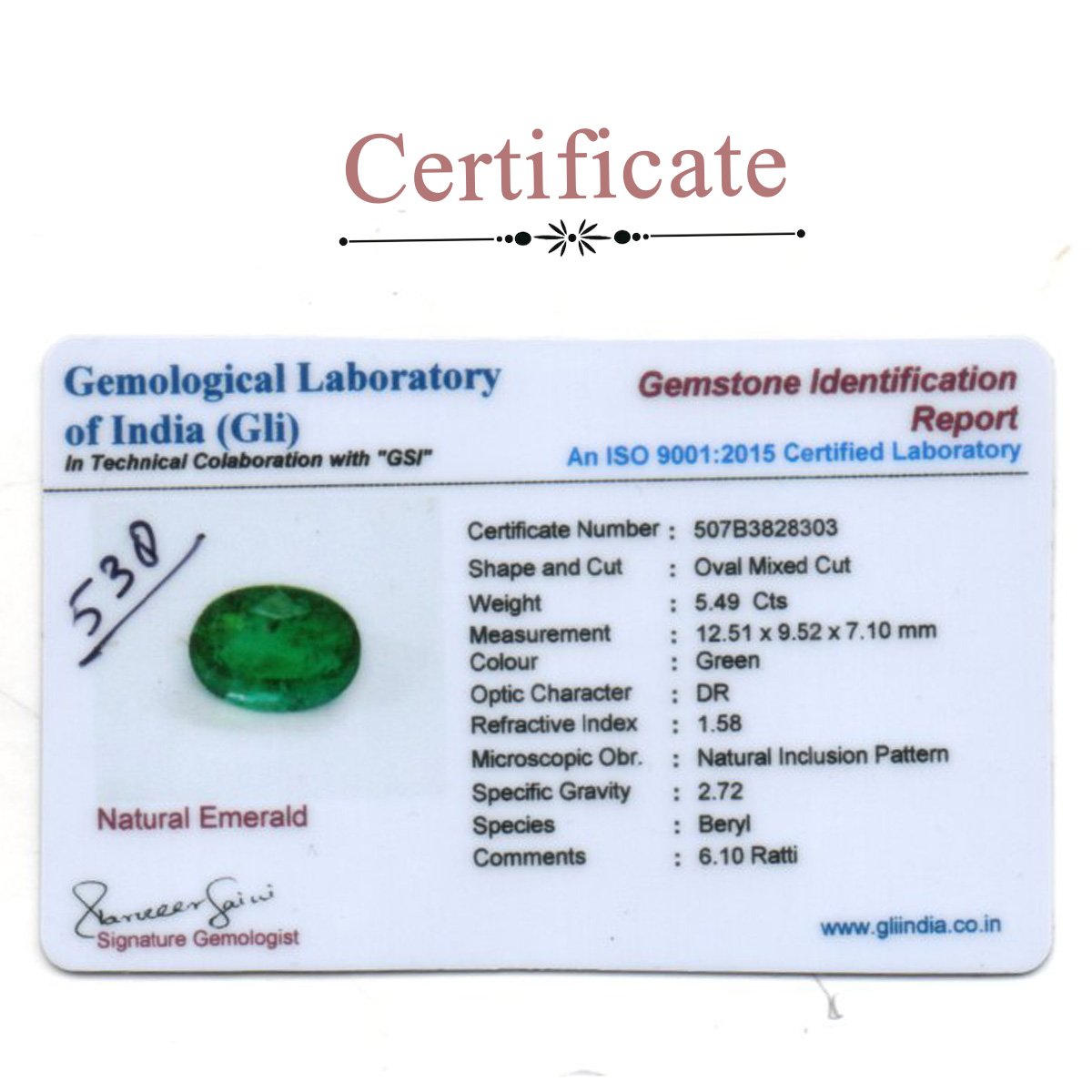 d0825-rg-em-538-3-certificate 5.49 Carats Emerald ( 6.1 Ratti Panna ) - Image 3