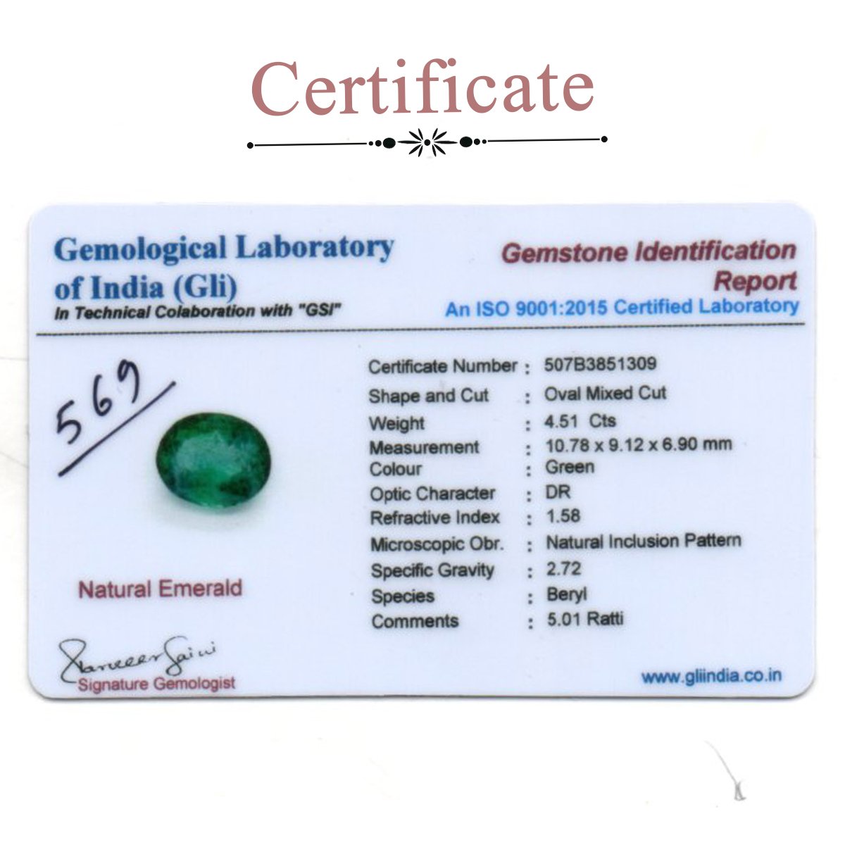 d0825-rg-em-569-3-certificate 4.51 Carats Emerald ( 5.01 Ratti Panna ) - Image 3