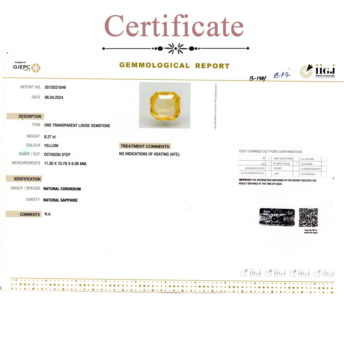 d0825-rgw-b-puk-1701-3-certificate 8.27 carats Yellow Sapphire  ( 9.19 Ratti Pukhraj ) - Image 3