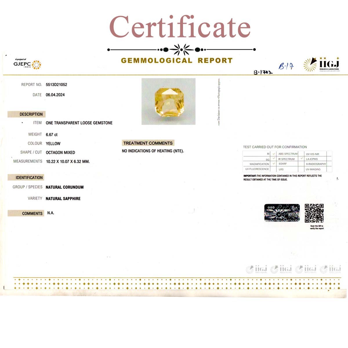 d0825-rgw-b-puk-1702-3-certificate 6.67 carats Yellow Sapphire  ( 7.41 Ratti Pukhraj ) - Image 3