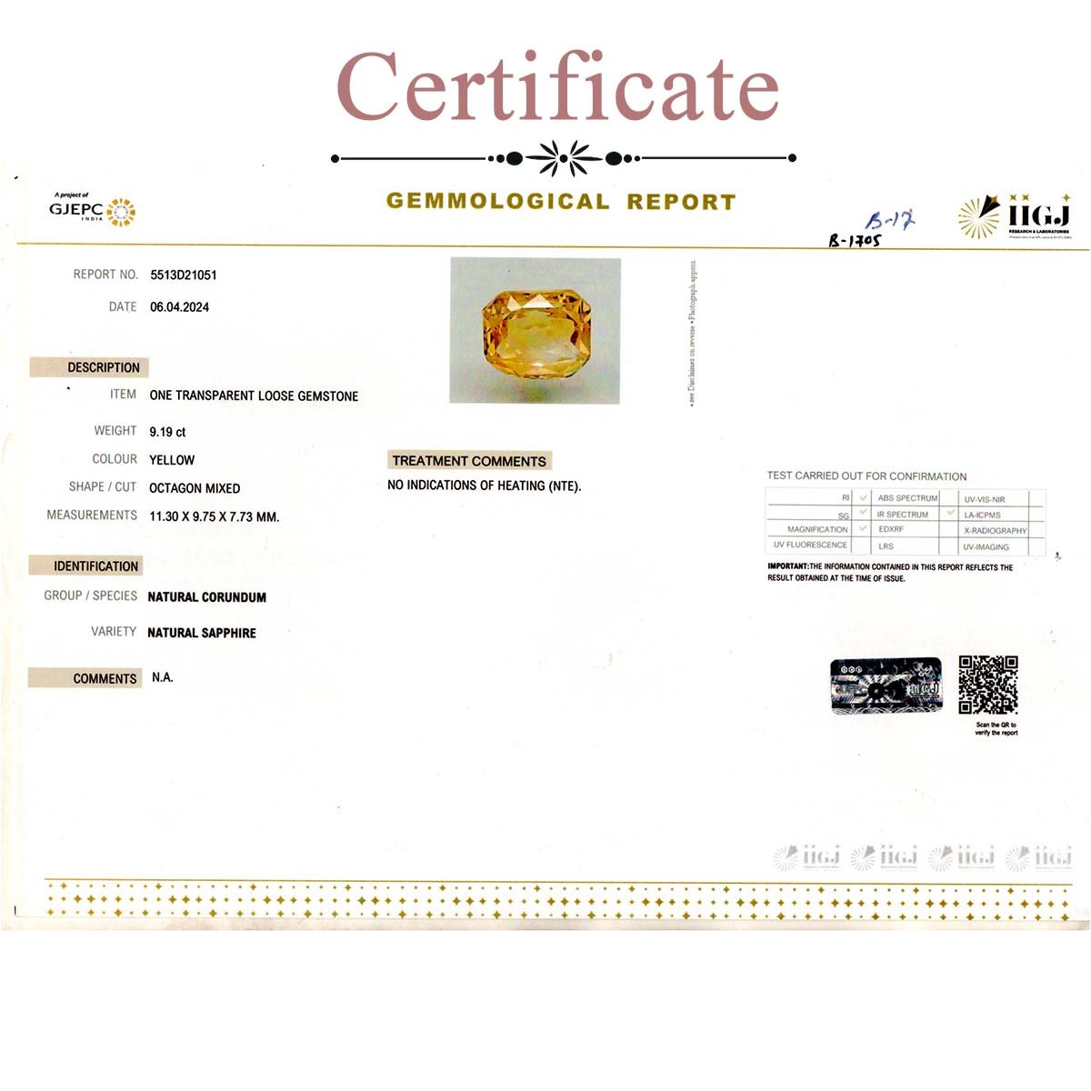 d0825-rgw-b-puk-1705-3-certificate 9.19 carats Yellow Sapphire  ( 10.21 Ratti Pukhraj ) - Image 3