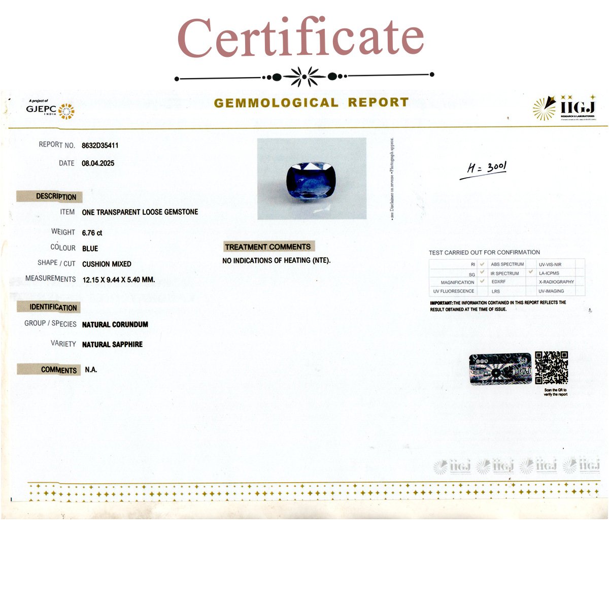 d0825-rgw-h-n-3001-3-certificate 6.76 carats Blue Sapphire ( 7.51 ratti Neelam ) - Image 3