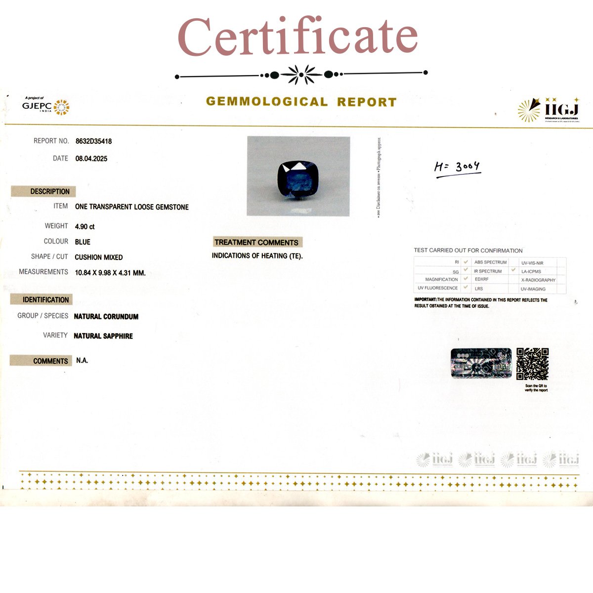 d0825-rgw-h-n-3004-3-certificate 4.9 carats Blue Sapphire ( 5.44 ratti Neelam ) - Image 3