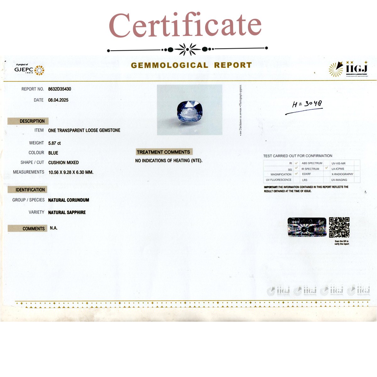 d0825-rgw-h-n-3048-3-certificate 5.87 carats Blue Sapphire ( 6.52 ratti Neelam ) - Image 3