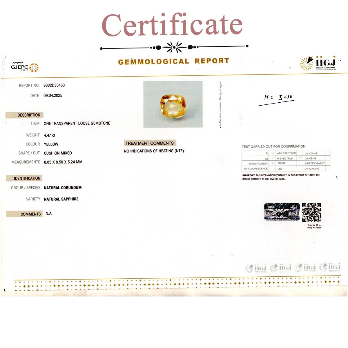 d0825-rgw-h-puk-3010-3-certificate 4.47 carats Yellow Sapphire  ( 4.97 Ratti Pukhraj ) - Image 3