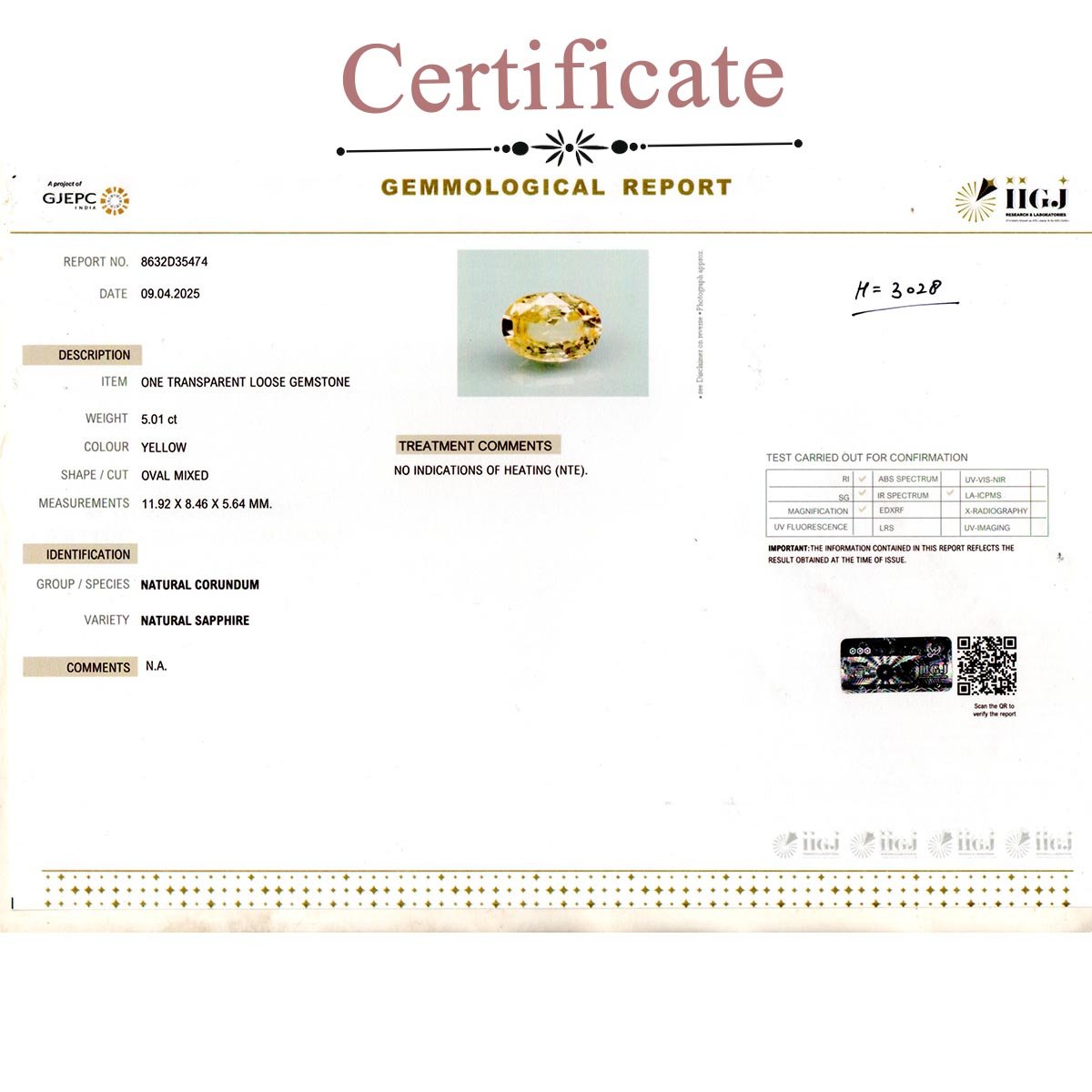 d0825-rgw-h-puk-3028-3-certificate 5.01 carats Yellow Sapphire  ( 5.57 Ratti Pukhraj ) - Image 3