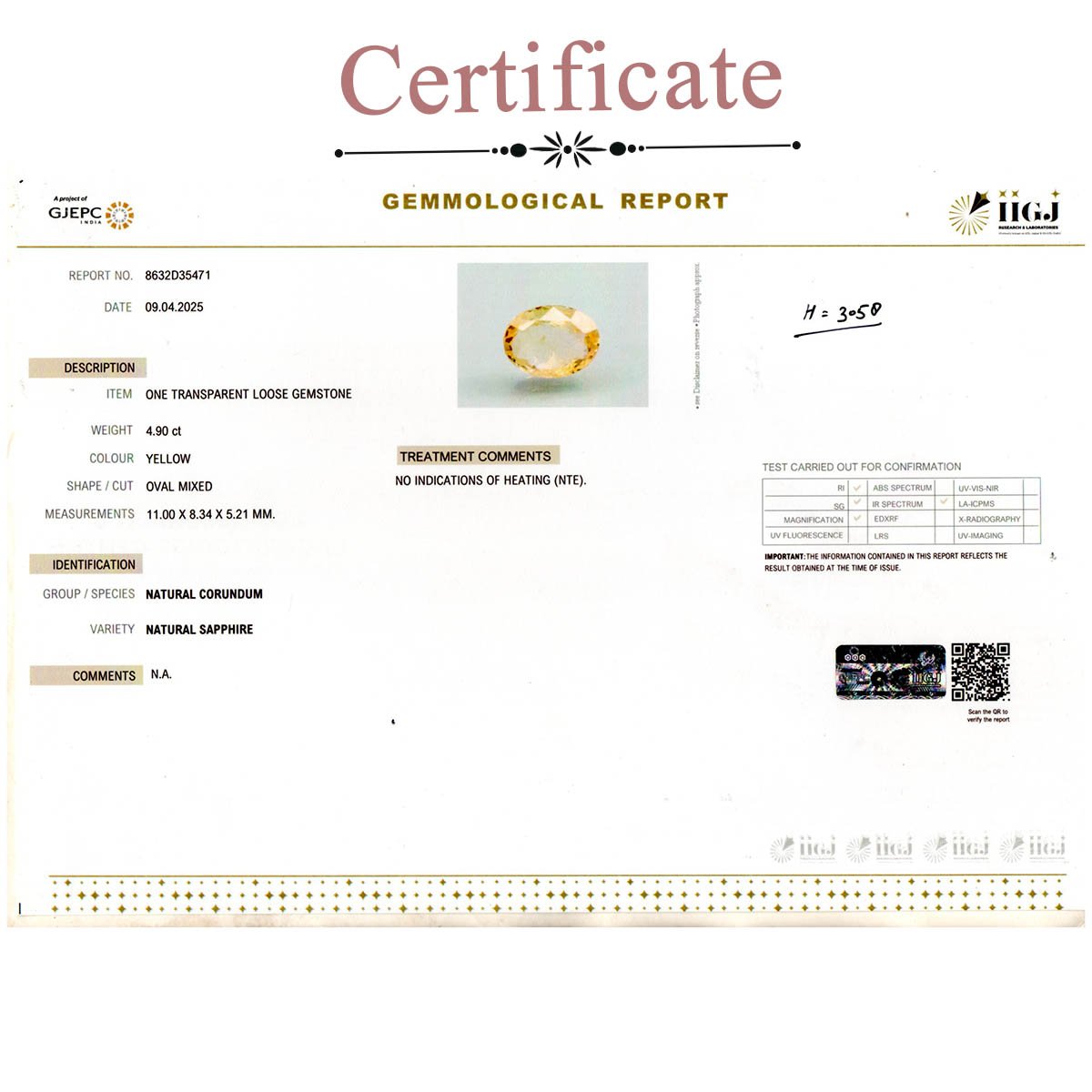 d0825-rgw-h-puk-3058-3-certificate 4.9 carats Yellow Sapphire  ( 5.44 Ratti Pukhraj ) - Image 3