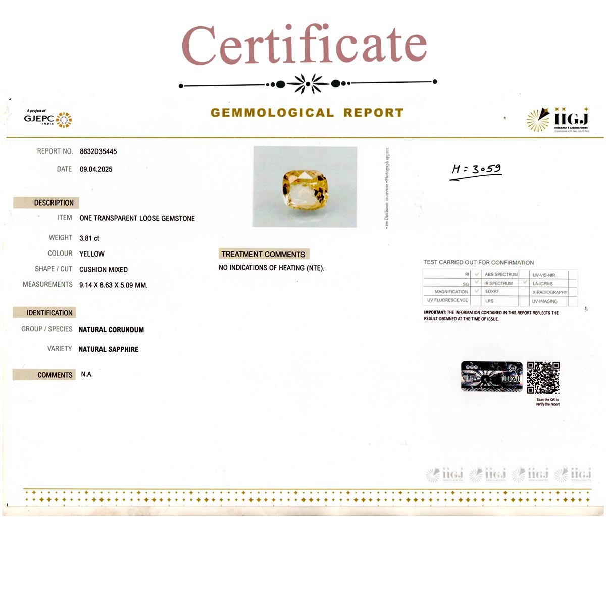 d0825-rgw-h-puk-3059-3-certificate 3.81 carats Yellow Sapphire  ( 4.23 Ratti Pukhraj ) - Image 3