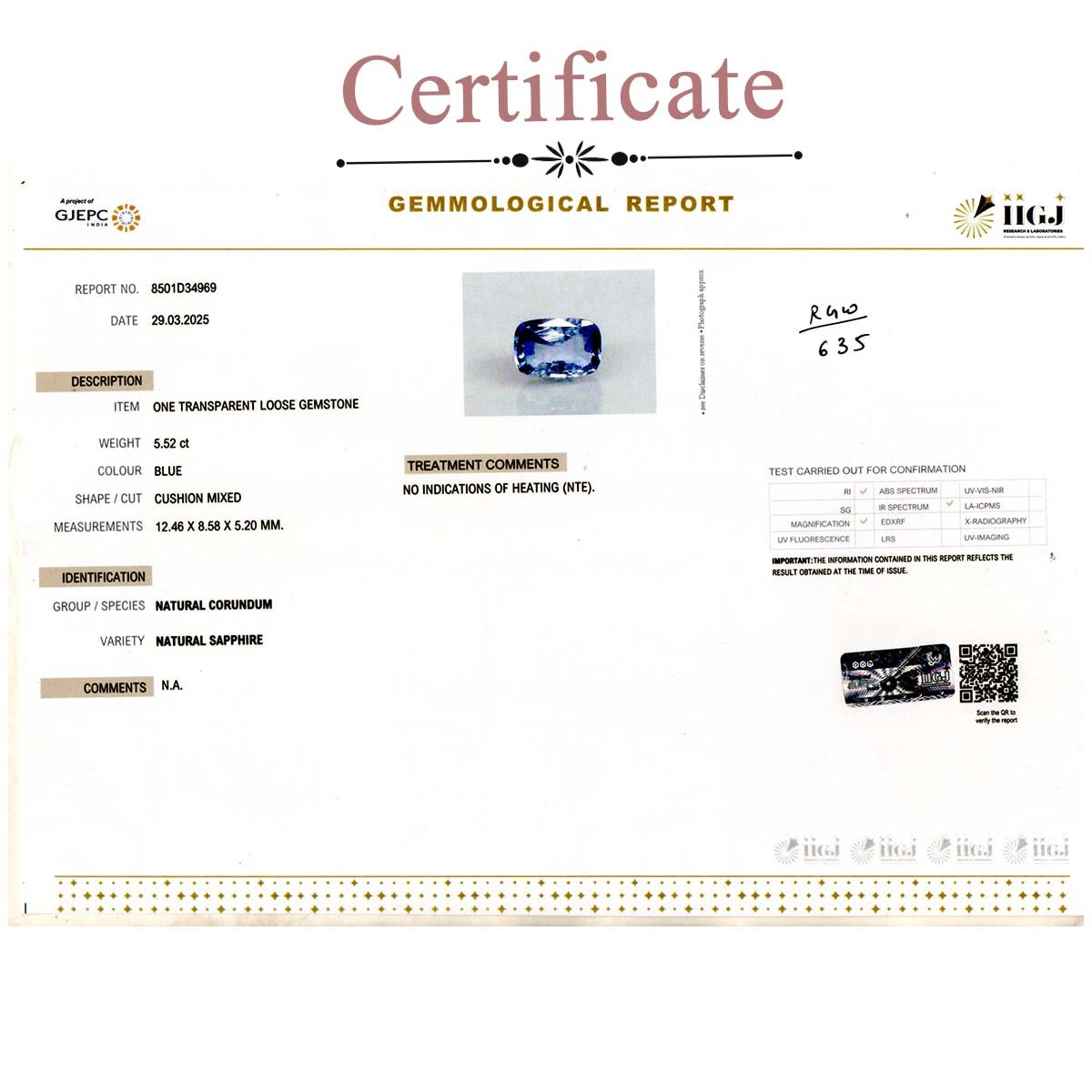 d0825-rgw-n-635-3-certificate 5.52 carats Blue Sapphire ( 6.13 ratti Neelam ) - Image 3
