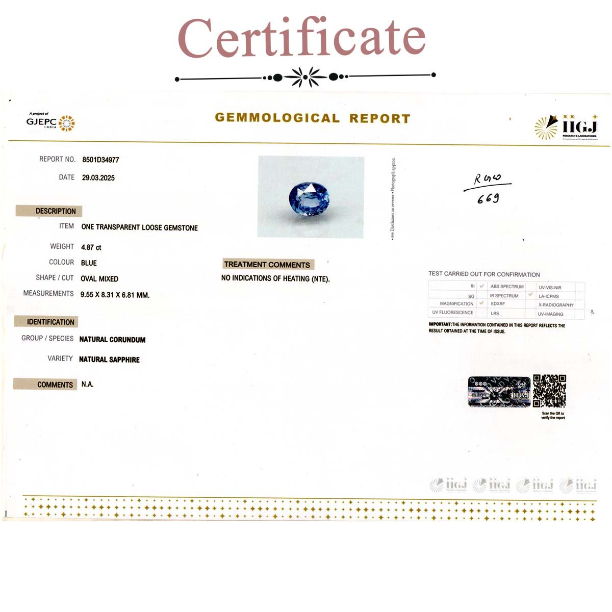 d0825-rgw-n-669-3-certificate 4.87 carats Blue Sapphire ( 5.41 ratti Neelam ) - Image 3