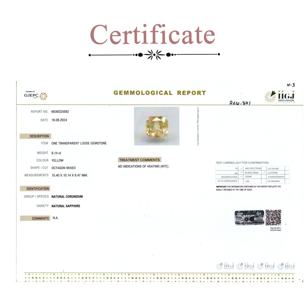 d0825-rgw-puk-341-3-certificate 9.14 carats Yellow Sapphire  ( 10.16 Ratti Pukhraj ) - Image 3