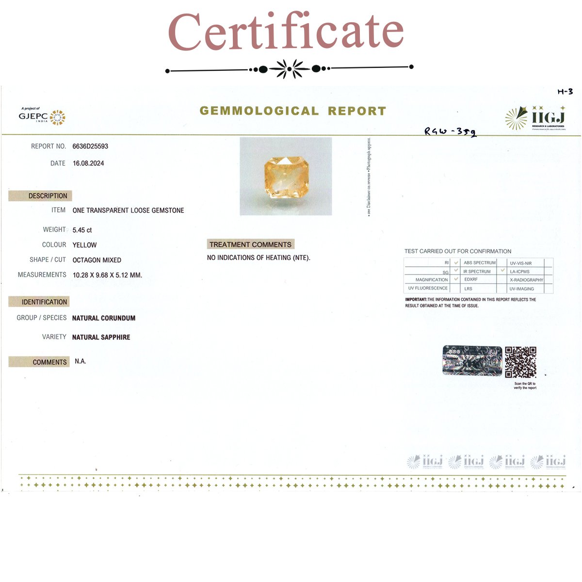 d0825-rgw-puk-352-3-certificate 5.45 carats Yellow Sapphire  ( 6.06 Ratti Pukhraj ) - Image 3