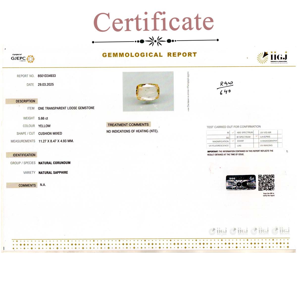 d0825-rgw-puk-640-3-certificate 5.66 carats Yellow Sapphire  ( 6.29 Ratti Pukhraj ) - Image 3