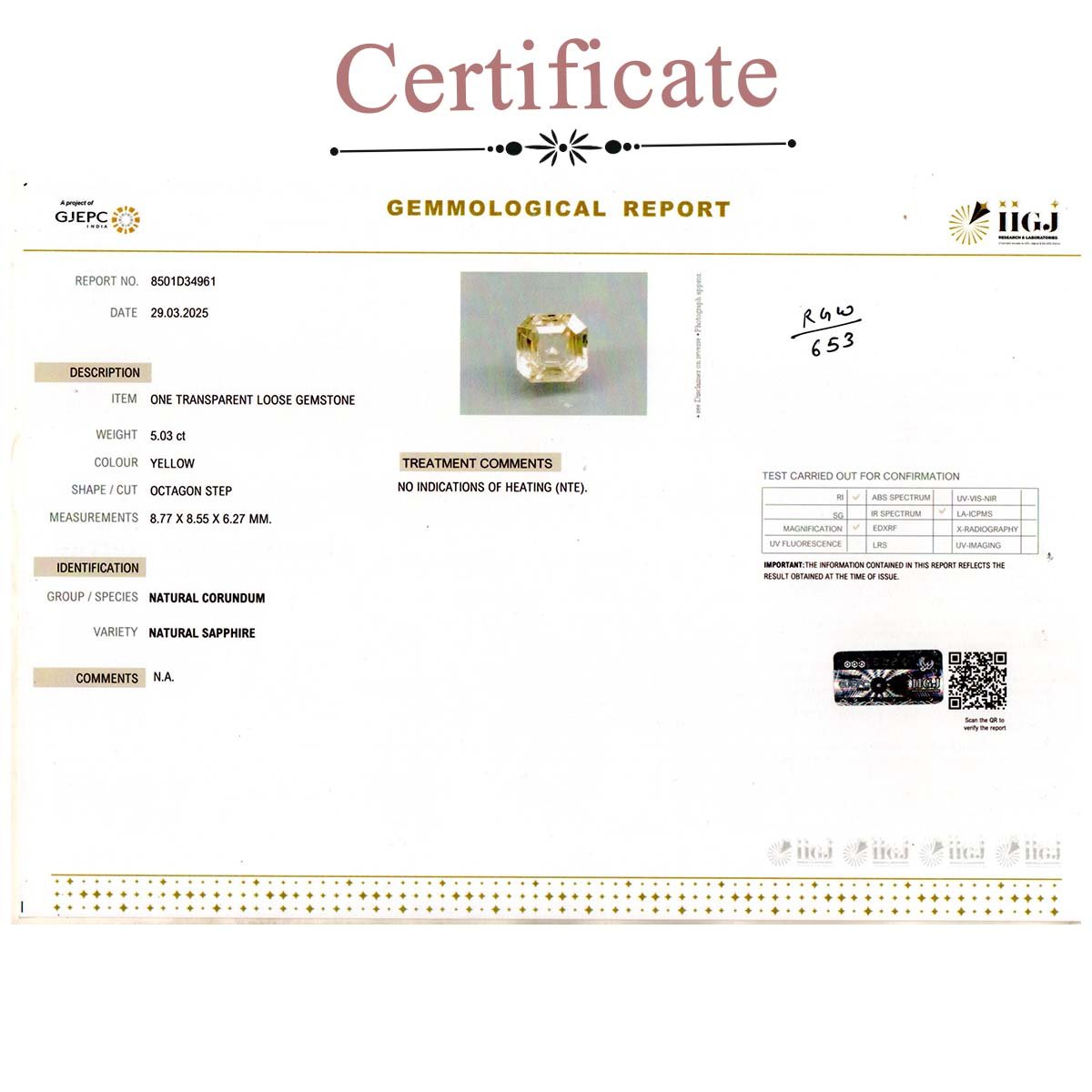 d0825-rgw-puk-653-3-certificate 5.03 carats Yellow Sapphire  ( 5.59 Ratti Pukhraj ) - Image 3