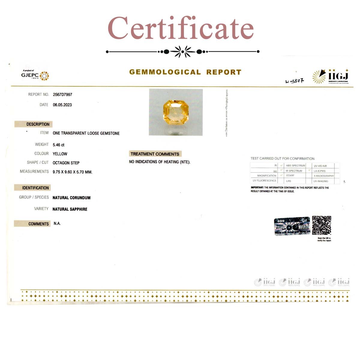 d0825-rgw-w-puk-3807-3-certificate 5.46 carats Yellow Sapphire  ( 6.07 Ratti Pukhraj ) - Image 3
