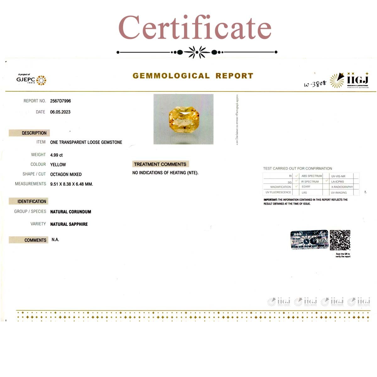 d0825-rgw-w-puk-3808-3-certificate 4.99 carats Yellow Sapphire  ( 5.54 Ratti Pukhraj ) - Image 3