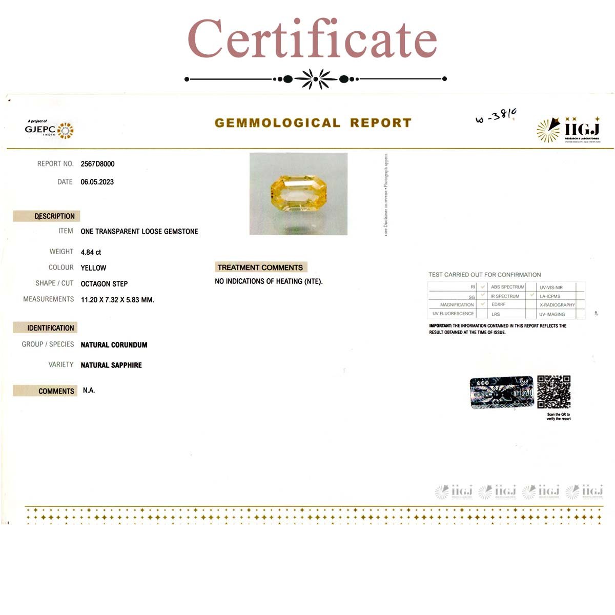 d0825-rgw-w-puk-3810-3-certificate 4.84 carats Yellow Sapphire  ( 5.38 Ratti Pukhraj ) - Image 3