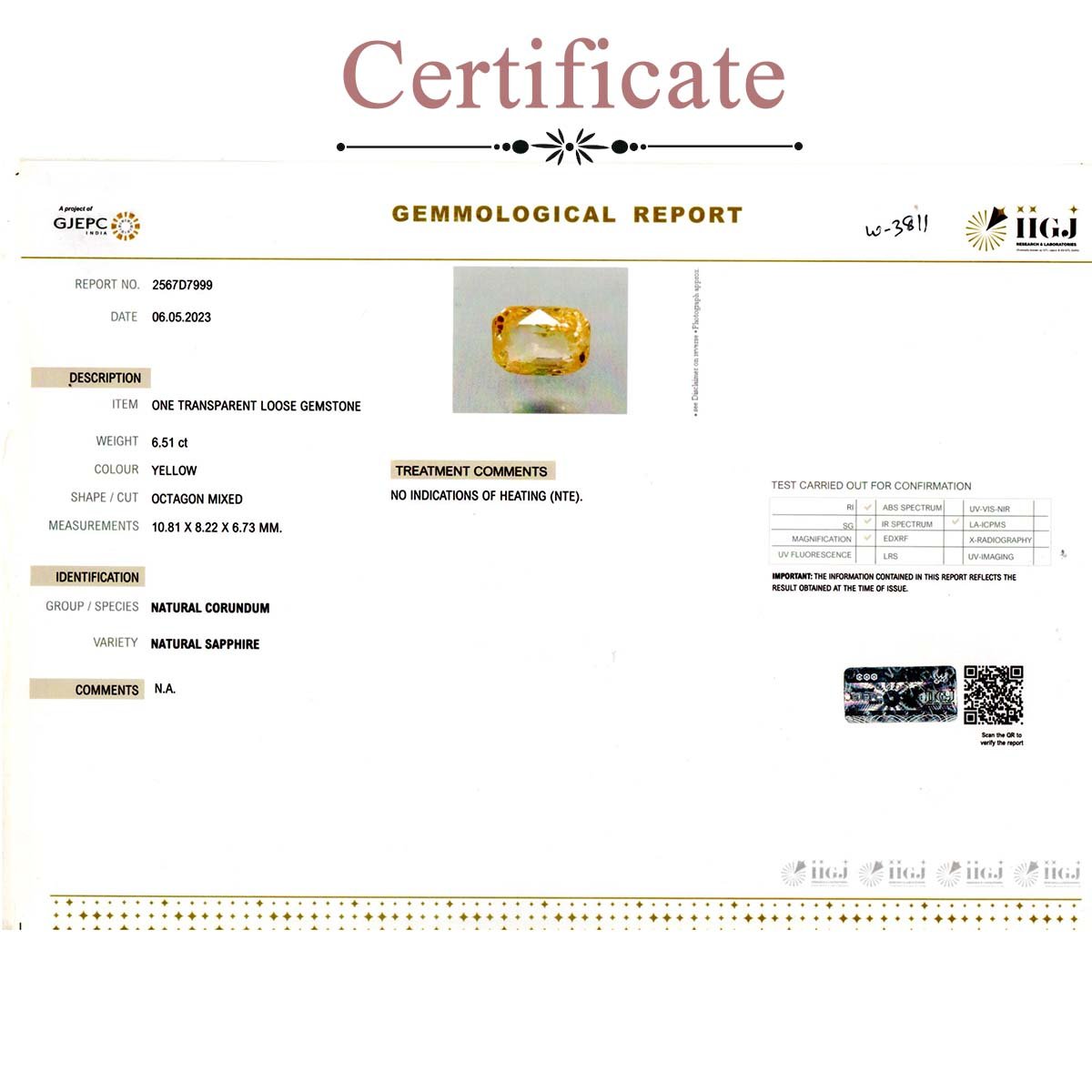 d0825-rgw-w-puk-3811-3-certificate 6.51 carats Yellow Sapphire  ( 7.23 Ratti Pukhraj ) - Image 3