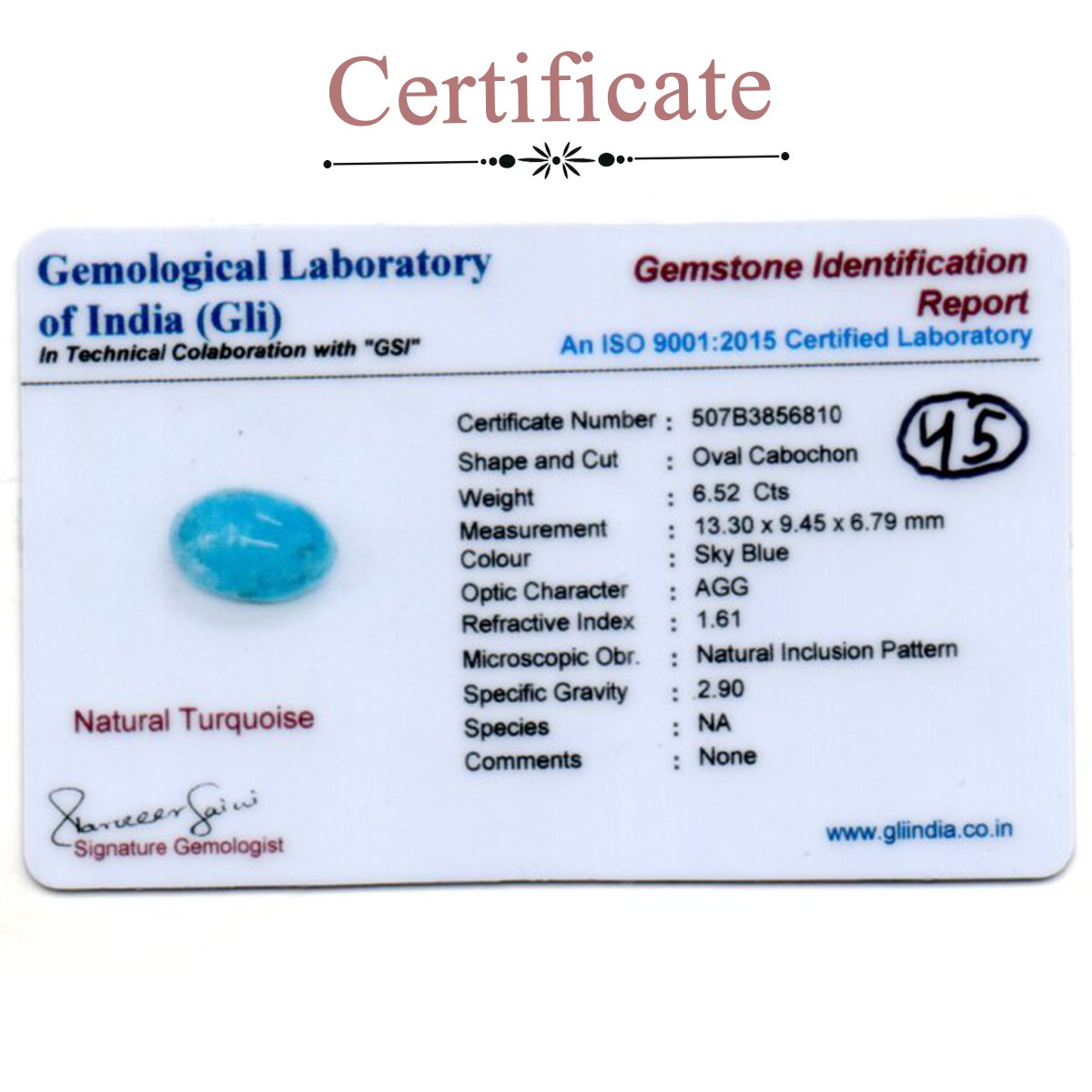 d0925-rg-fr-ir-45-3-certificate 6.52 carats Turquoise ( 7.24 ratti Firoza ) - Image 3