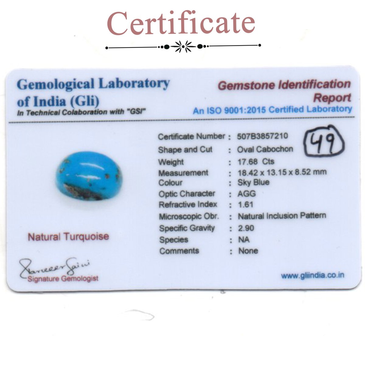 d0925-rg-fr-ir-49-3-certificate 17.68 carats Turquoise ( 19.64 ratti Firoza ) - Image 3