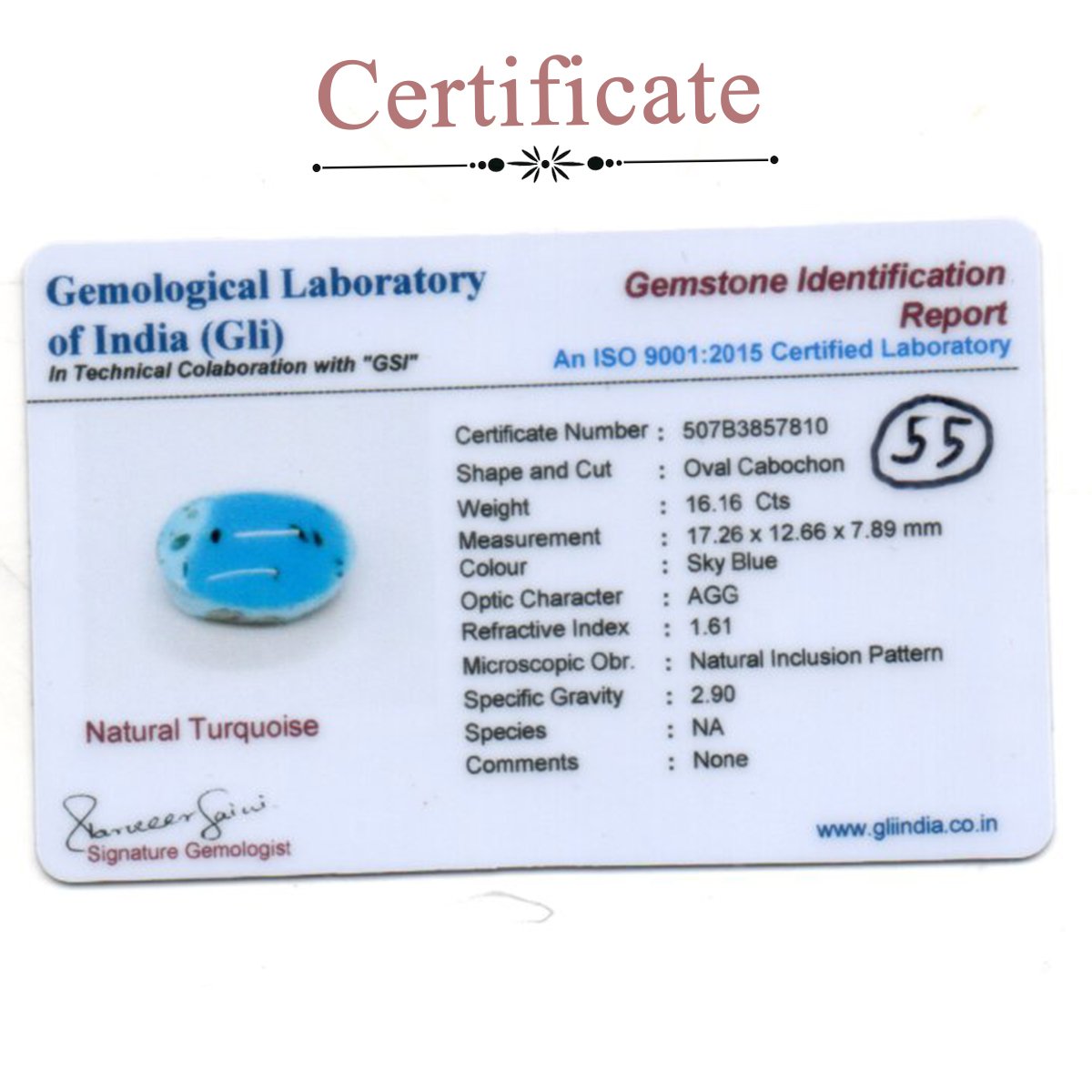 d0925-rg-fr-ir-55-3-certificate 16.16 carats Turquoise ( 17.96 ratti Firoza ) - Image 3