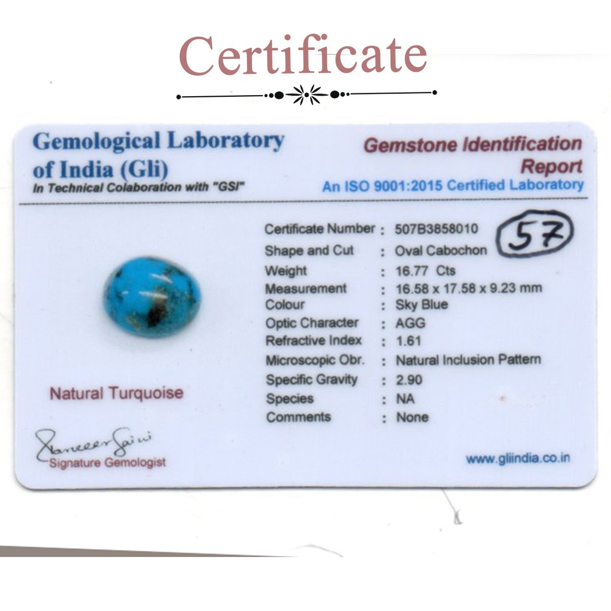 d0925-rg-fr-ir-57-3-certificate 16.77 carats Turquoise ( 18.63 ratti Firoza ) - Image 3