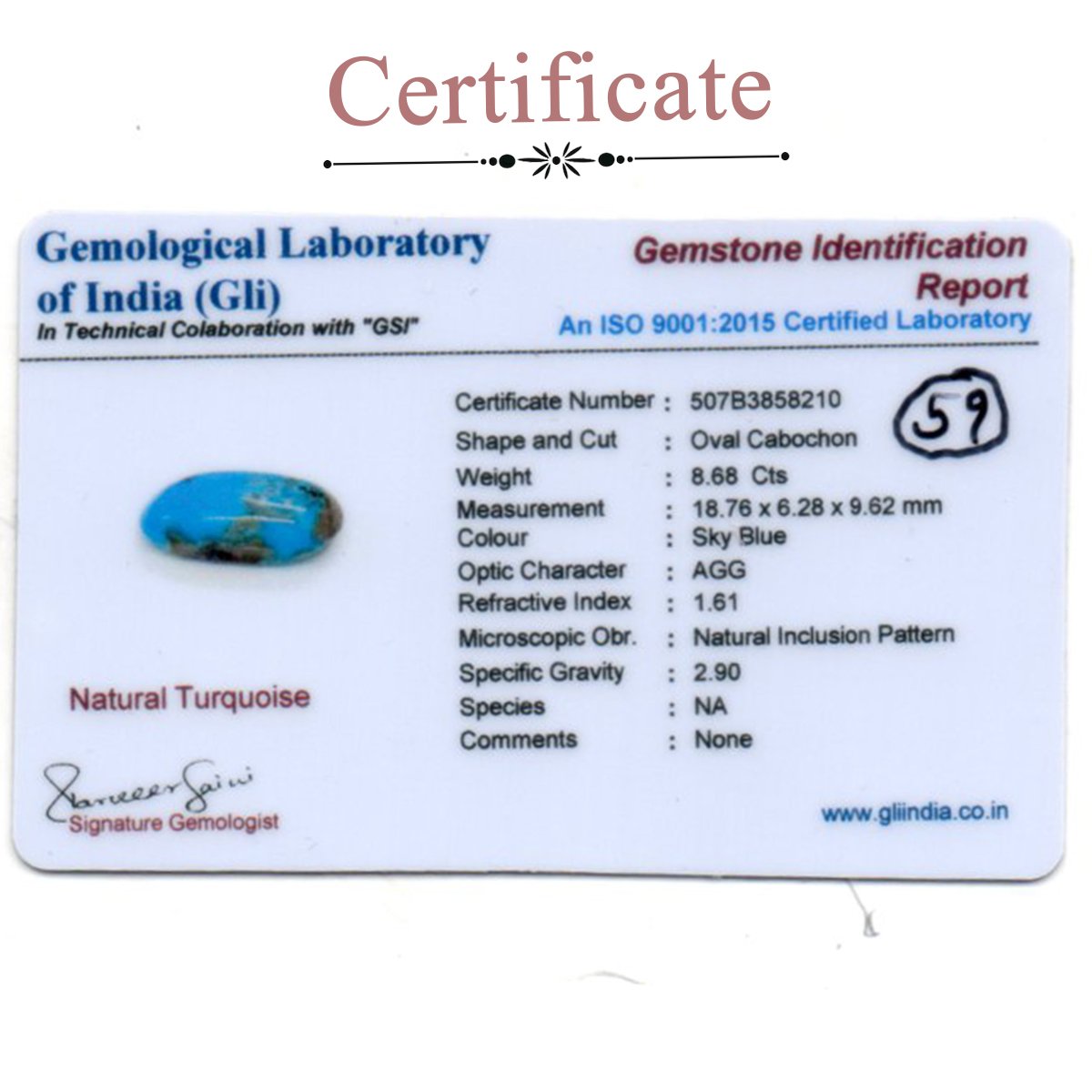 d0925-rg-fr-ir-59-3-certificate 8.68 carats Turquoise ( 9.64 ratti Firoza ) - Image 3