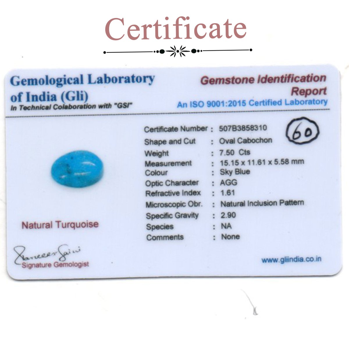 d0925-rg-fr-ir-60-3-certificate 7.5 carats Turquoise ( 8.33 ratti Firoza ) - Image 3