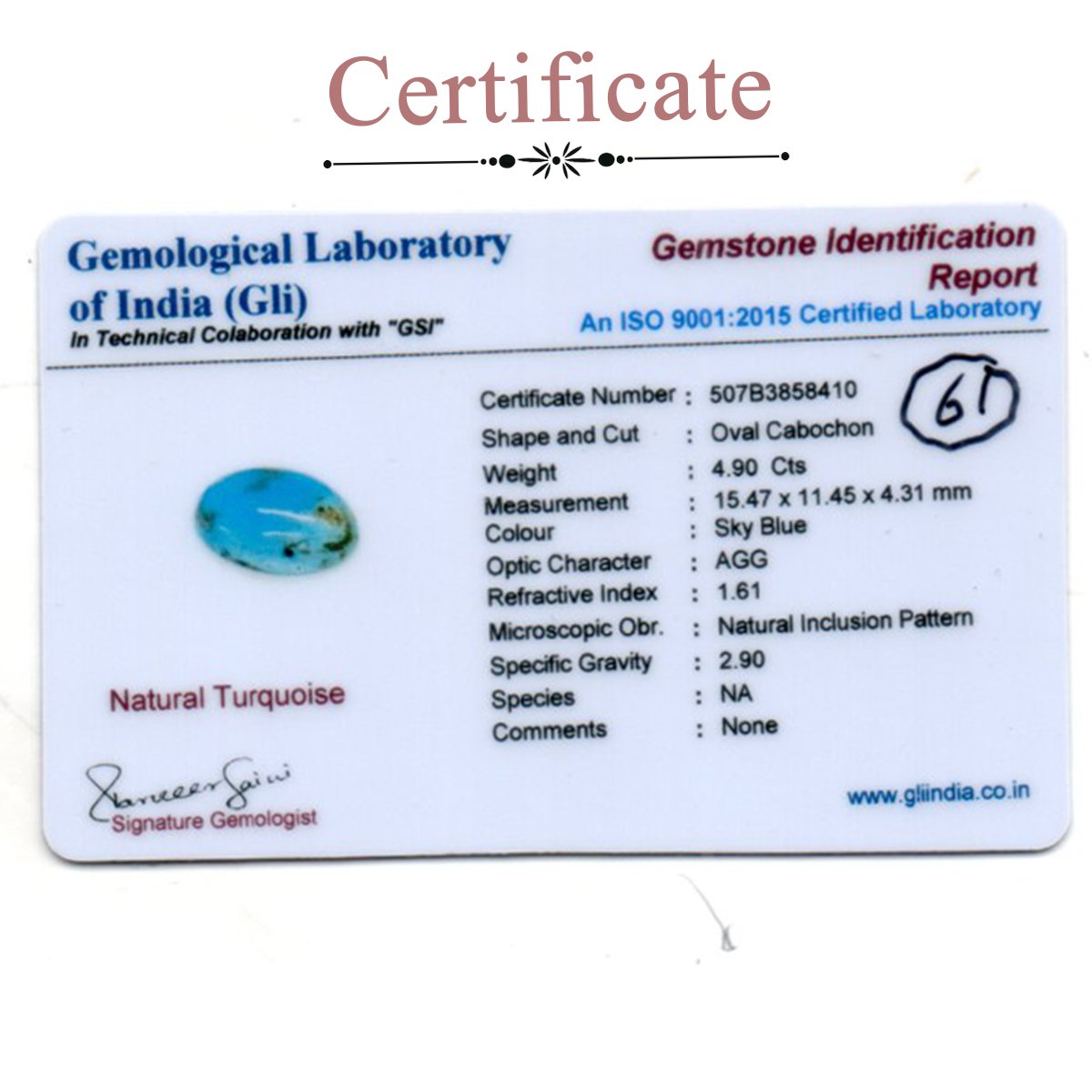 d0925-rg-fr-ir-61-3-certificate 4.9 carats Turquoise ( 5.44 ratti Firoza ) - Image 3